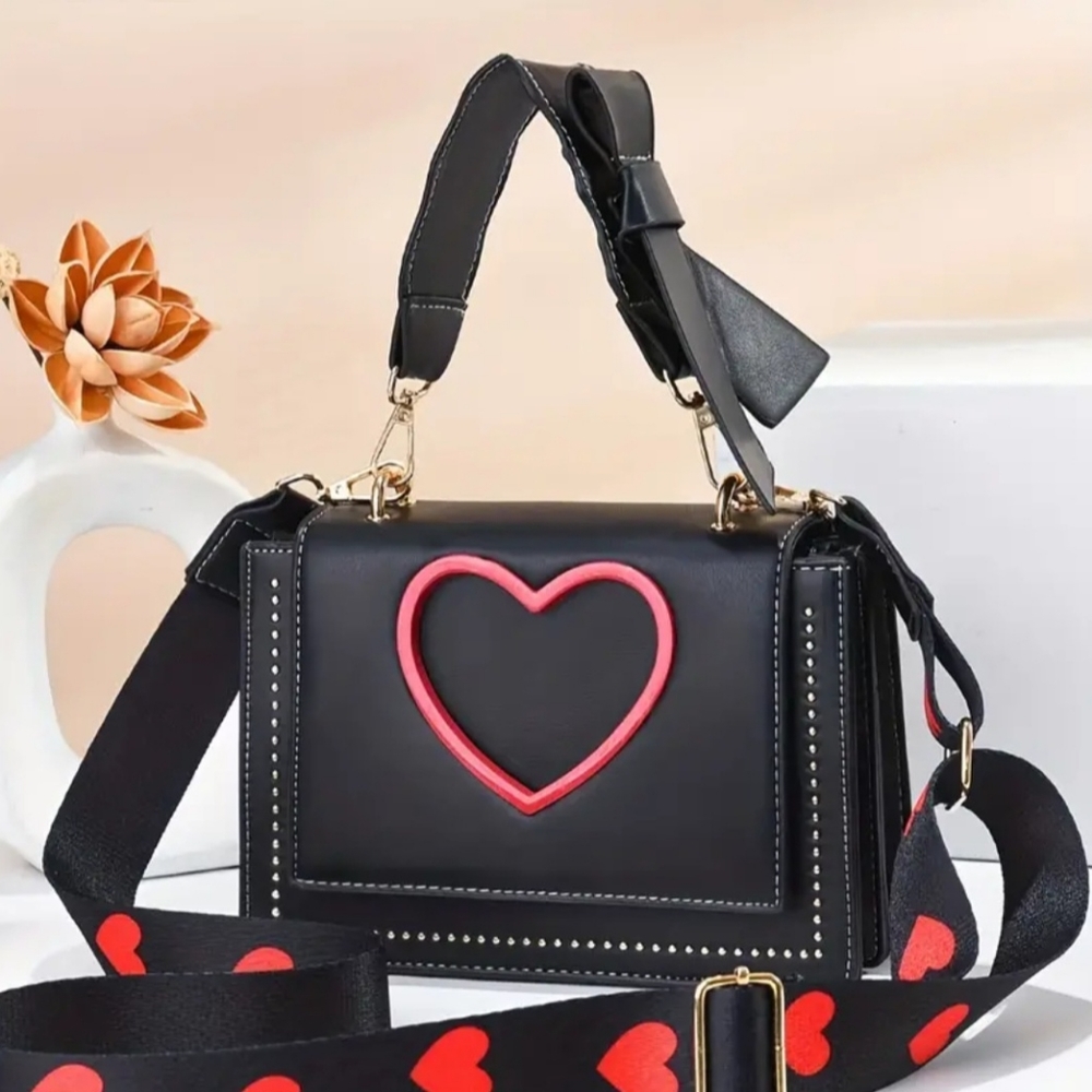Women's Black and Red Heart-Shaped Design Crossbody Shoulder Bag